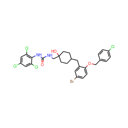 O=C(NCC1(O)CCC(Cc2cc(Br)ccc2OCc2ccc(Cl)cc2)CC1)Nc1c(Cl)cc(Cl)cc1Cl ZINC000150571736