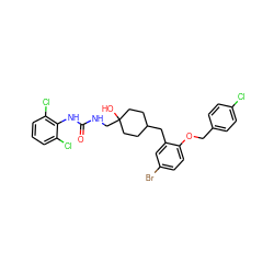 O=C(NCC1(O)CCC(Cc2cc(Br)ccc2OCc2ccc(Cl)cc2)CC1)Nc1c(Cl)cccc1Cl ZINC000103167308