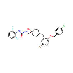 O=C(NCC1(O)CCC(Cc2cc(Br)ccc2OCc2ccc(Cl)cc2)CC1)Nc1c(F)cccc1F ZINC000103167305