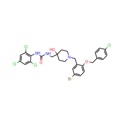 O=C(NCC1(O)CCN(Cc2cc(Br)ccc2OCc2ccc(Cl)cc2)CC1)Nc1c(Cl)cc(Cl)cc1Cl ZINC000028822136