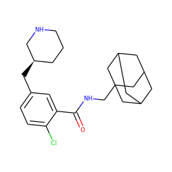 O=C(NCC12CC3CC(CC(C3)C1)C2)c1cc(C[C@@H]2CCCNC2)ccc1Cl ZINC000028825943