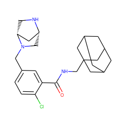 O=C(NCC12CC3CC(CC(C3)C1)C2)c1cc(CN2C[C@@H]3C[C@H]2CN3)ccc1Cl ZINC000028825947