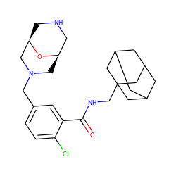 O=C(NCC12CC3CC(CC(C3)C1)C2)c1cc(CN2C[C@@H]3CNC[C@H](C2)O3)ccc1Cl ZINC000028826010