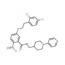 O=C(NCC1CCN(c2ccncc2)CC1)c1cc(OCCc2ccc(Cl)cc2Cl)ccc1[N+](=O)[O-] ZINC000014953622