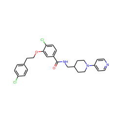 O=C(NCC1CCN(c2ccncc2)CC1)c1ccc(Cl)c(OCCc2ccc(Cl)cc2)c1 ZINC000013643408