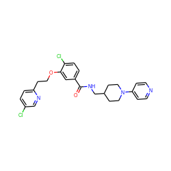 O=C(NCC1CCN(c2ccncc2)CC1)c1ccc(Cl)c(OCCc2ccc(Cl)cn2)c1 ZINC000013643332