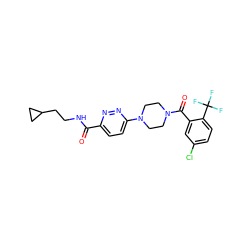 O=C(NCCC1CC1)c1ccc(N2CCN(C(=O)c3cc(Cl)ccc3C(F)(F)F)CC2)nn1 ZINC000095598321