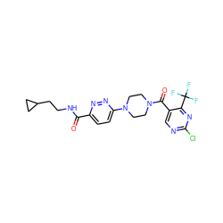 O=C(NCCC1CC1)c1ccc(N2CCN(C(=O)c3cnc(Cl)nc3C(F)(F)F)CC2)nn1 ZINC000038310628