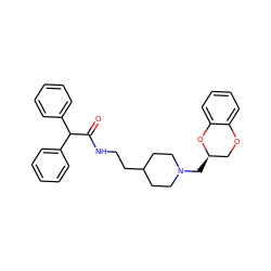 O=C(NCCC1CCN(C[C@@H]2COc3ccccc3O2)CC1)C(c1ccccc1)c1ccccc1 ZINC000013813616