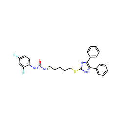 O=C(NCCCCCSc1nc(-c2ccccc2)c(-c2ccccc2)[nH]1)Nc1ccc(F)cc1F ZINC000013738829