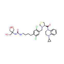 O=C(NCCCCc1cc(Cl)c(CN2CSC[C@H]2C(=O)N2CCN(C3CC3)c3ccccc32)cc1Cl)NC(CO)(CO)CO ZINC000205201945