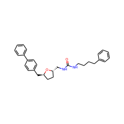 O=C(NCCCCc1ccccc1)NC[C@@H]1CC[C@@H](Cc2ccc(-c3ccccc3)cc2)O1 ZINC000061959137