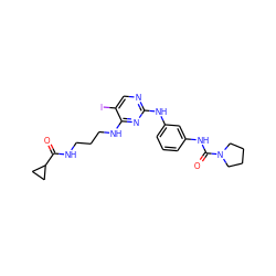 O=C(NCCCNc1nc(Nc2cccc(NC(=O)N3CCCC3)c2)ncc1I)C1CC1 ZINC000473086073