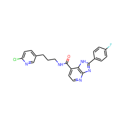 O=C(NCCCc1ccc(Cl)nc1)c1ccnc2nc(-c3ccc(F)cc3)[nH]c12 ZINC000084670752