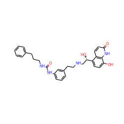 O=C(NCCCc1ccccc1)Nc1cccc(CCNC[C@H](O)c2ccc(O)c3[nH]c(=O)ccc23)c1 ZINC000066111690