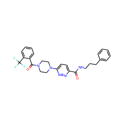 O=C(NCCCc1ccccc1)c1ccc(N2CCN(C(=O)c3ccccc3C(F)(F)F)CC2)nn1 ZINC000006745213