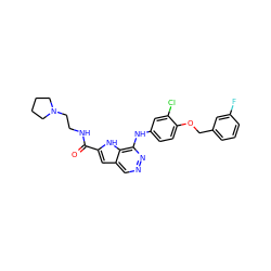 O=C(NCCN1CCCC1)c1cc2cnnc(Nc3ccc(OCc4cccc(F)c4)c(Cl)c3)c2[nH]1 ZINC000049033833