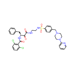 O=C(NCCNS(=O)(=O)c1ccc(CN2CCN(c3ccccn3)CC2)cc1)C(=O)[C@H](Cc1ccccc1)NC(=O)c1c(Cl)cccc1Cl ZINC000026399663