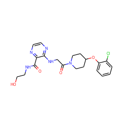 O=C(NCCO)c1nccnc1NCC(=O)N1CCC(Oc2ccccc2Cl)CC1 ZINC000028704888