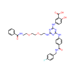 O=C(NCCOCCOCCNc1nc(Nc2ccc(C(=O)NCc3ccc(F)cc3)cc2)nc(Nc2ccc(O)c(C(=O)O)c2)n1)c1ccccc1 ZINC000198488745