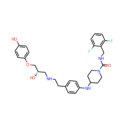 O=C(NCc1c(F)cccc1F)N1CCC(Nc2ccc(CCNC[C@H](O)COc3ccc(O)cc3)cc2)CC1 ZINC000026839090