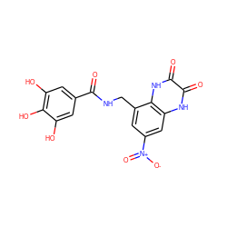 O=C(NCc1cc([N+](=O)[O-])cc2[nH]c(=O)c(=O)[nH]c12)c1cc(O)c(O)c(O)c1 ZINC000027554513