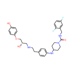 O=C(NCc1cc(F)ccc1F)N1CCC(Nc2ccc(CCNC[C@H](O)COc3ccc(O)cc3)cc2)CC1 ZINC000026840851