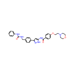 O=C(NCc1ccc(-c2cc(NC(=O)c3ccc(OCCN4CCOCC4)cc3)[nH]n2)cc1)Nc1ccccc1 ZINC000096270655