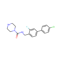 O=C(NCc1ccc(-c2ccc(Cl)cc2)cc1F)N1CCNCC1 ZINC000049112302