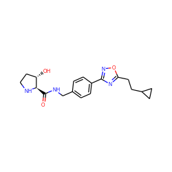 O=C(NCc1ccc(-c2noc(CCC3CC3)n2)cc1)[C@H]1NCC[C@@H]1O ZINC000058599228