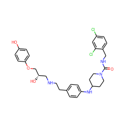 O=C(NCc1ccc(Cl)cc1Cl)N1CCC(Nc2ccc(CCNC[C@H](O)COc3ccc(O)cc3)cc2)CC1 ZINC000026833149