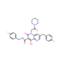 O=C(NCc1ccc(F)cc1)c1c(O)c2ncc(Cc3ccc(F)cc3)cc2n(CC(=O)N2CCCCC2)c1=O ZINC000102905948