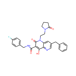 O=C(NCc1ccc(F)cc1)c1c(O)c2ncc(Cc3ccccc3)cc2n(CCN2CCCC2=O)c1=O ZINC000102905939