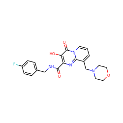 O=C(NCc1ccc(F)cc1)c1nc2c(CN3CCOCC3)cccn2c(=O)c1O ZINC000040423401