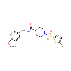 O=C(NCc1ccc2c(c1)OCO2)C1CCN(S(=O)(=O)c2ccc(Br)s2)CC1 ZINC000002498762