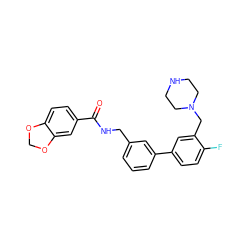 O=C(NCc1cccc(-c2ccc(F)c(CN3CCNCC3)c2)c1)c1ccc2c(c1)OCO2 ZINC000040951273