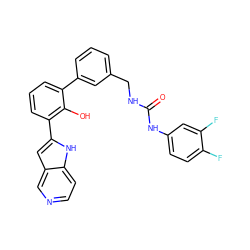 O=C(NCc1cccc(-c2cccc(-c3cc4cnccc4[nH]3)c2O)c1)Nc1ccc(F)c(F)c1 ZINC000101051340