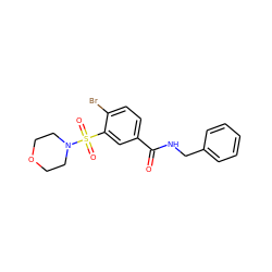 O=C(NCc1ccccc1)c1ccc(Br)c(S(=O)(=O)N2CCOCC2)c1 ZINC000000786481