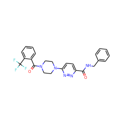 O=C(NCc1ccccc1)c1ccc(N2CCN(C(=O)c3ccccc3C(F)(F)F)CC2)nn1 ZINC000095596003