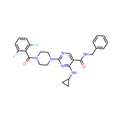 O=C(NCc1ccccc1)c1cnc(N2CCN(C(=O)c3c(F)cccc3F)CC2)nc1NC1CC1 ZINC000072114441