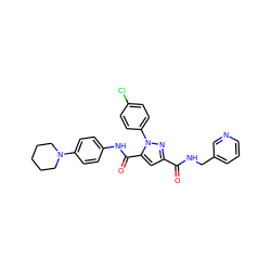 O=C(NCc1cccnc1)c1cc(C(=O)Nc2ccc(N3CCCCC3)cc2)n(-c2ccc(Cl)cc2)n1 ZINC000013491661