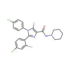 O=C(NN1CCCCC1)c1nc(-c2ccc(Cl)cc2Cl)n(-c2ccc(Cl)cc2)c1I ZINC000049780319