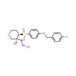 O=C(NO)[C@@]1(O)COCC[C@H]1S(=O)(=O)c1ccc(OCc2ccc(Cl)cc2)cc1 ZINC000000592995