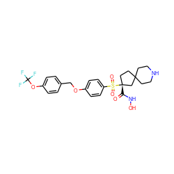 O=C(NO)[C@@]1(S(=O)(=O)c2ccc(OCc3ccc(OC(F)(F)F)cc3)cc2)CCC2(CCNCC2)C1 ZINC000299862267