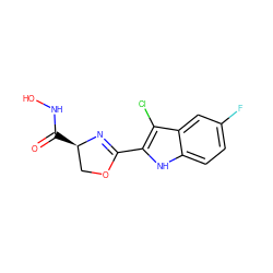 O=C(NO)[C@@H]1COC(c2[nH]c3ccc(F)cc3c2Cl)=N1 ZINC000013474942