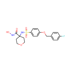 O=C(NO)C1(NS(=O)(=O)c2ccc(OCc3ccc(F)cc3)cc2)CCOCC1 ZINC000001483840