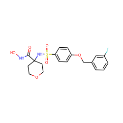 O=C(NO)C1(NS(=O)(=O)c2ccc(OCc3cccc(F)c3)cc2)CCOCC1 ZINC000027073994