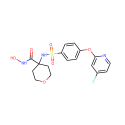 O=C(NO)C1(NS(=O)(=O)c2ccc(Oc3cc(F)ccn3)cc2)CCOCC1 ZINC000027082518