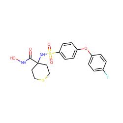 O=C(NO)C1(NS(=O)(=O)c2ccc(Oc3ccc(F)cc3)cc2)CCSCC1 ZINC000026994471