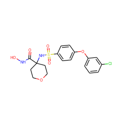 O=C(NO)C1(NS(=O)(=O)c2ccc(Oc3cccc(Cl)c3)cc2)CCOCC1 ZINC000027076977